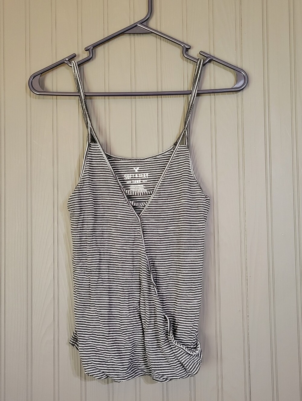American Eagle Tank Top Soft & Sexy Twisted Front Striped Black White Womens XXS
